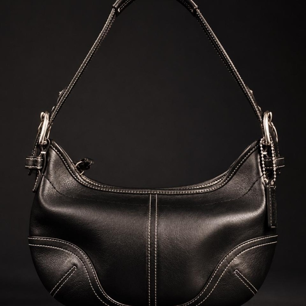 Coach Soho Black Leather Small Hobo Bag White Contrast Stitch 9541
